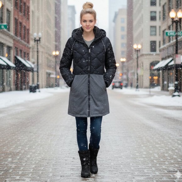 Eddie Bauer Two-Tone Hybrid Down Hooded Puffer Coat - Picture 1 of 13